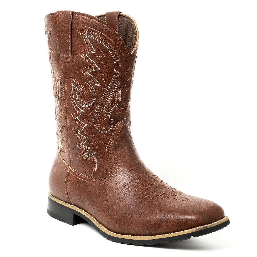 Dark Brown Men's Cowboy Western Embroidered Square Toe Boots - Picture 1 of 7